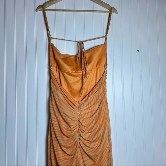 Zara Draped printed orange tulle Elegant Peach Spaghetti Strap Dress XL NWT - Picture 6 of 16